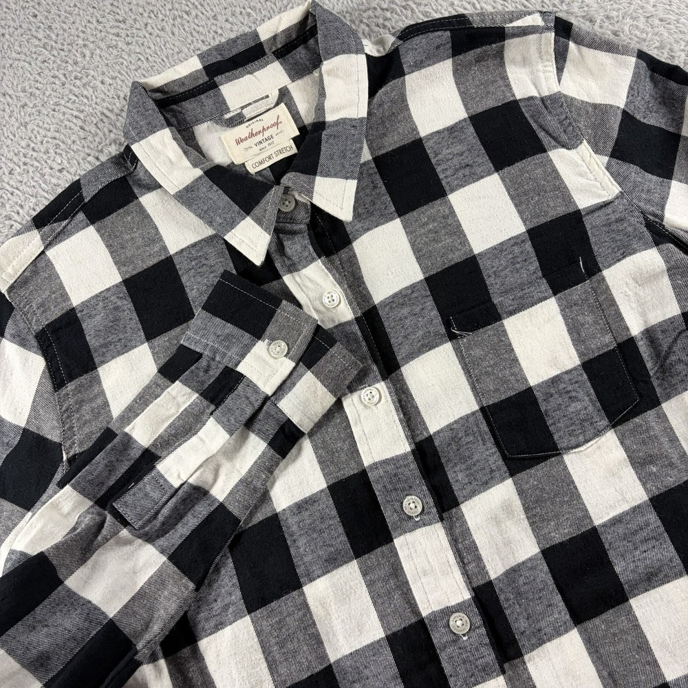 Buffalo Plaid Flannel Shirt Womens Large Button Up Black White Stretch NWOT